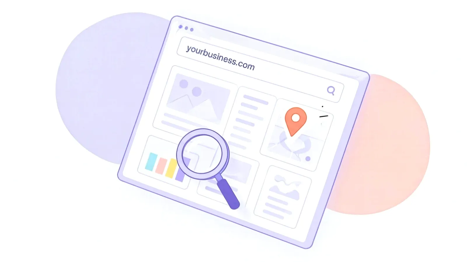 A website, yourbusiness.com, being scanned by a magnifying glass